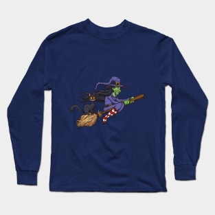 Cartoon Witch Flying On Her Broom Long Sleeve T-Shirt